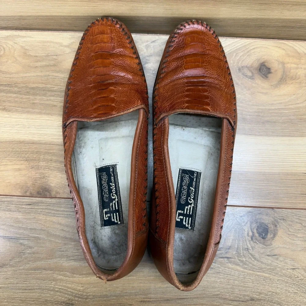 Ennesi Gold Italian Ostrich Leg Loafers Mens 9 M Whiskey Brown Slip On Business